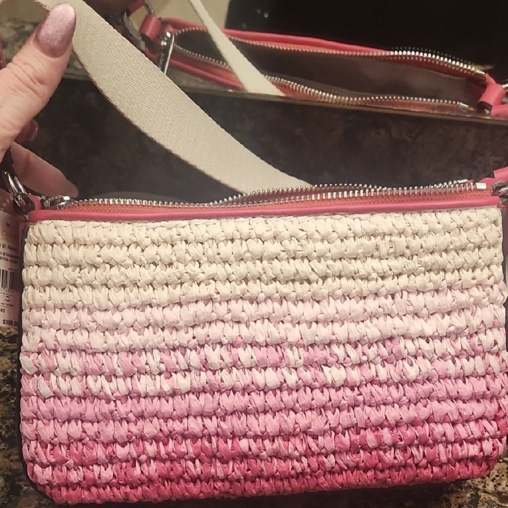 Michael Kors Pink and Cream Woven Crossbody Bag with Accessories - Picture 4 of 6